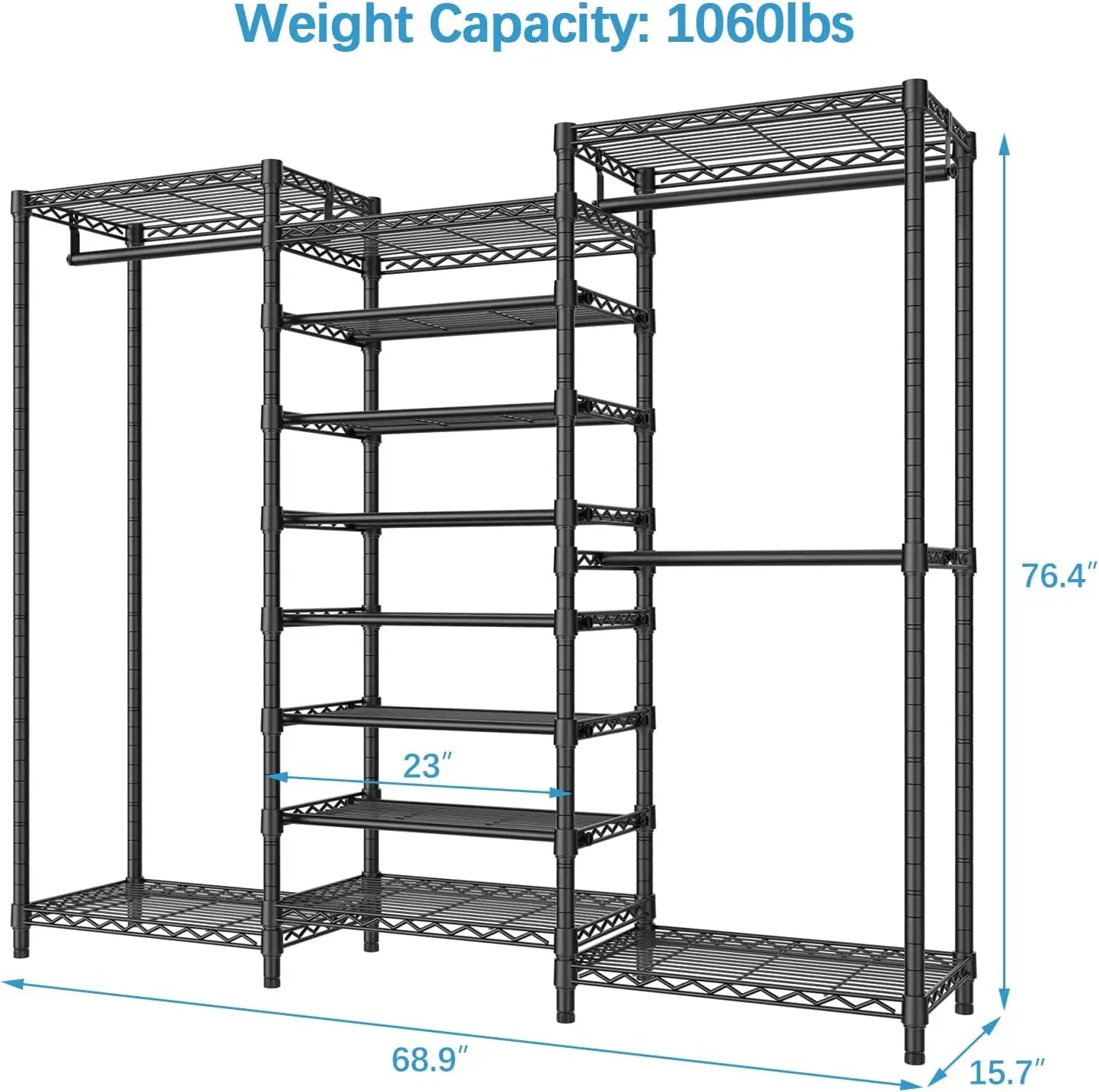 Heavy Duty Garment Rack Freestanding Clothes Rack Closet Storage Organizer Large Wardrobe with 6-Tier Shoe Rack, Hanging Rod, Ad