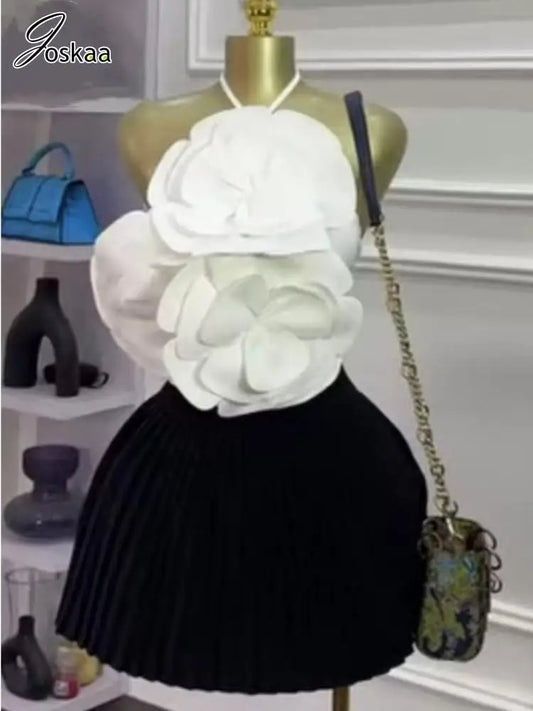 Joskaa 2025 Summer Women's 3D Flower Chic Tops Sexy Halter Lace-Up Backless Crop Camisole Vacation Party Club Beachwear S-XXL