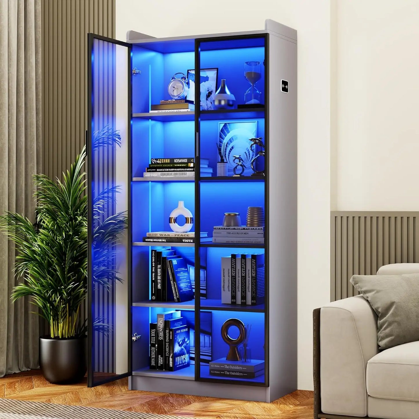 Storage Cabinet with Doors Adjustable Shelves - 65" White Tall Kitchen Pantry Organizer with Metal Handle/LED Lights/Human Senso