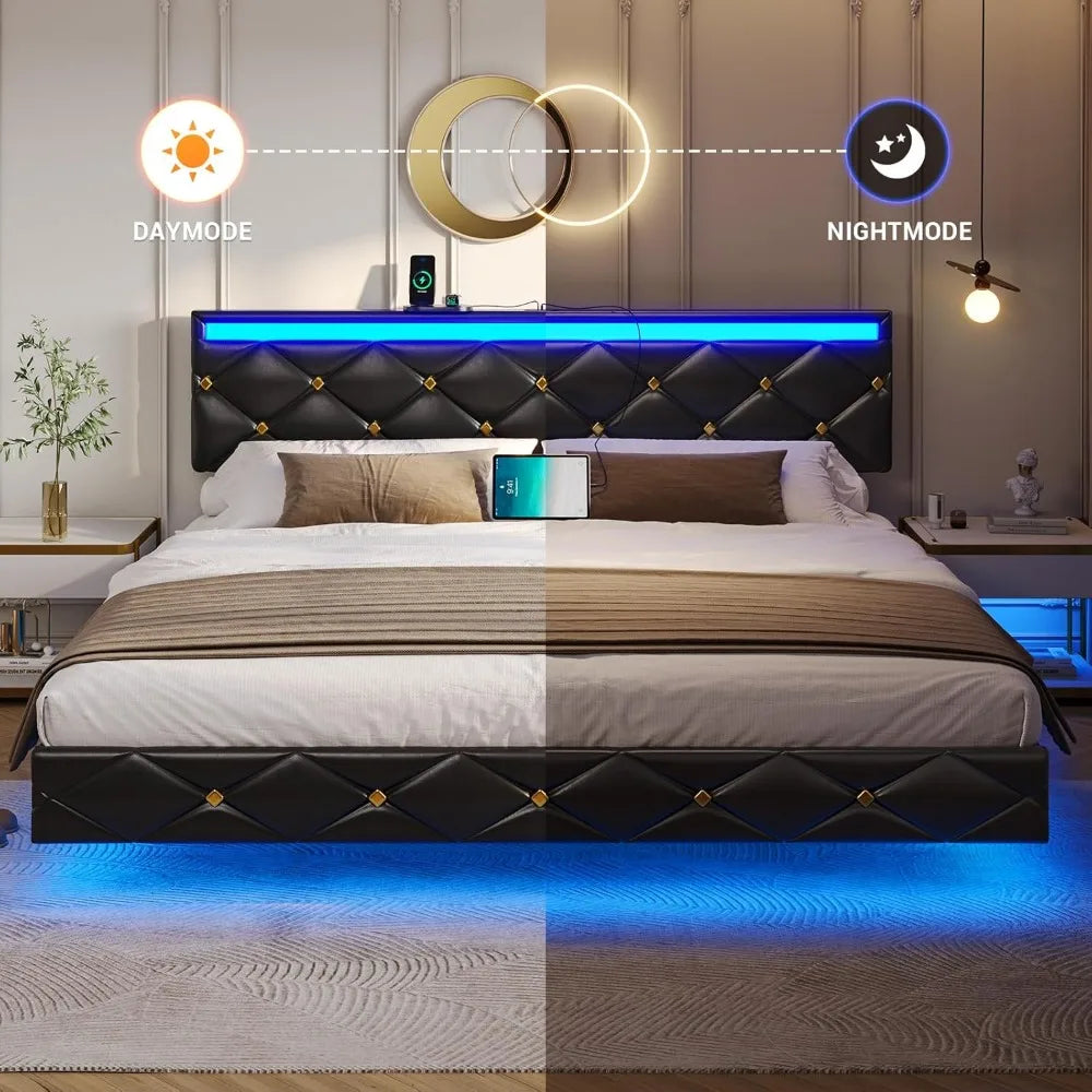 Floating Bed Frame King Size with LED Lights and Charging Station, Modern King Platform Bed with Vegan Leather Upholstered