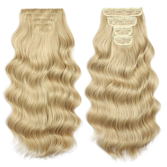 4PCS Clip in Hair Extensions Synthetic 22Inch Long Spiral Wavy Curl Natural Thick Hairpieces for Women Light Brown