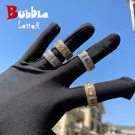 Bubble Letter Iced Out Ring for Men Baguette Real Gold Plated Hip Hop Jewelry 2022 Trend Fashion Korea Best Selling
