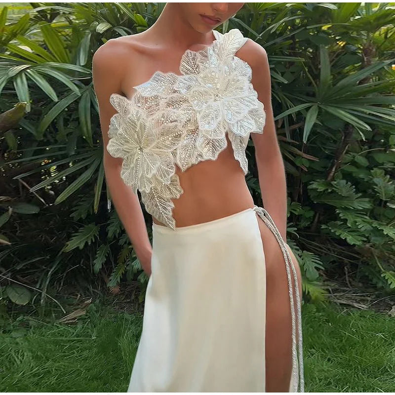 Sexy 3D Flower 2 Pieces Suit Women Slash Neck Sleeveless Lace Up Crop Tank Split Long Skirt Female Set 2025 Spring Lady Suits