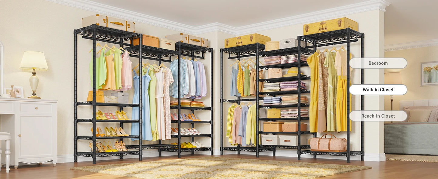 Heavy Duty Garment Rack Freestanding Clothes Rack Closet Storage Organizer Large Wardrobe with 6-Tier Shoe Rack, Hanging Rod, Ad