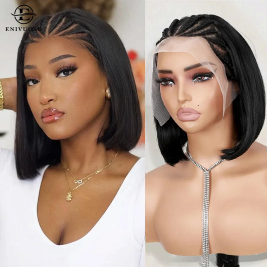 13X6 Lace Front Braided Wigs for Black Women Synthetic Short Straight Bob Wigs with Braid 12 Inch Short Cornrow Braided Wigs