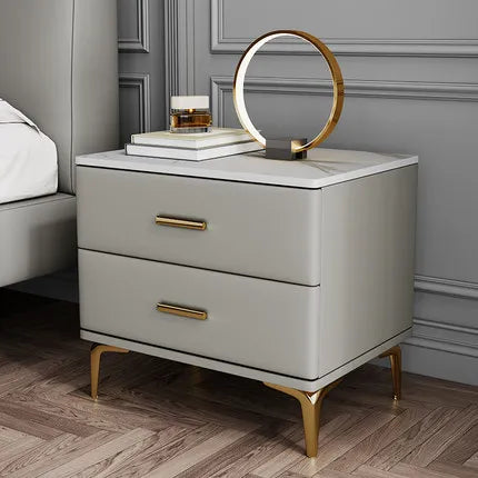 Modern Style Solid Wood Bedside Table with 2 Drawers Leather Bedroom Nightstands with Sintered Stone Top Mini Storage Cabinet