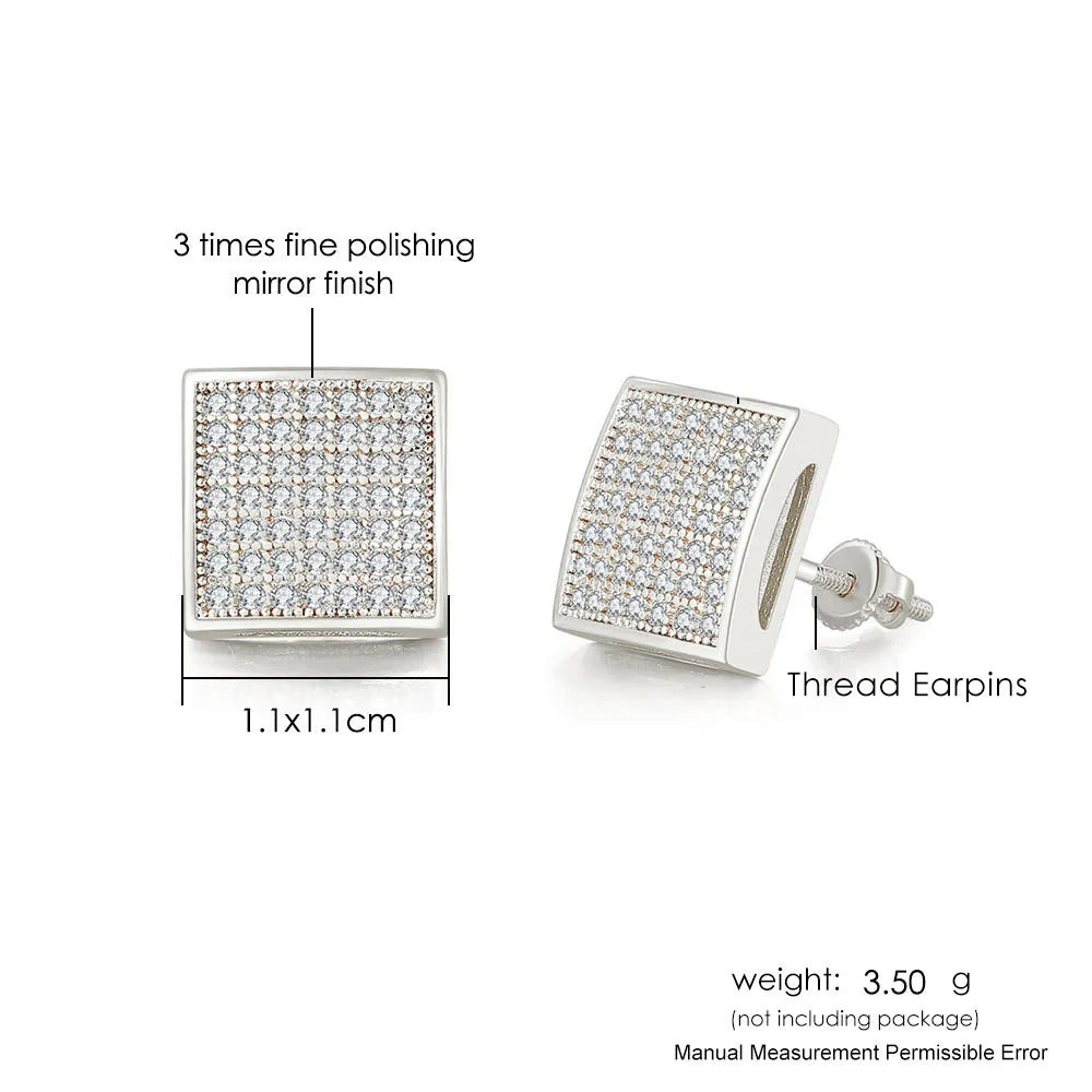 Hip Hop Ice Studded Earrings For Men Male Trend Cubic Zirconia Piercing Hiphop Gold Color Square Earring Jewelry Accessories