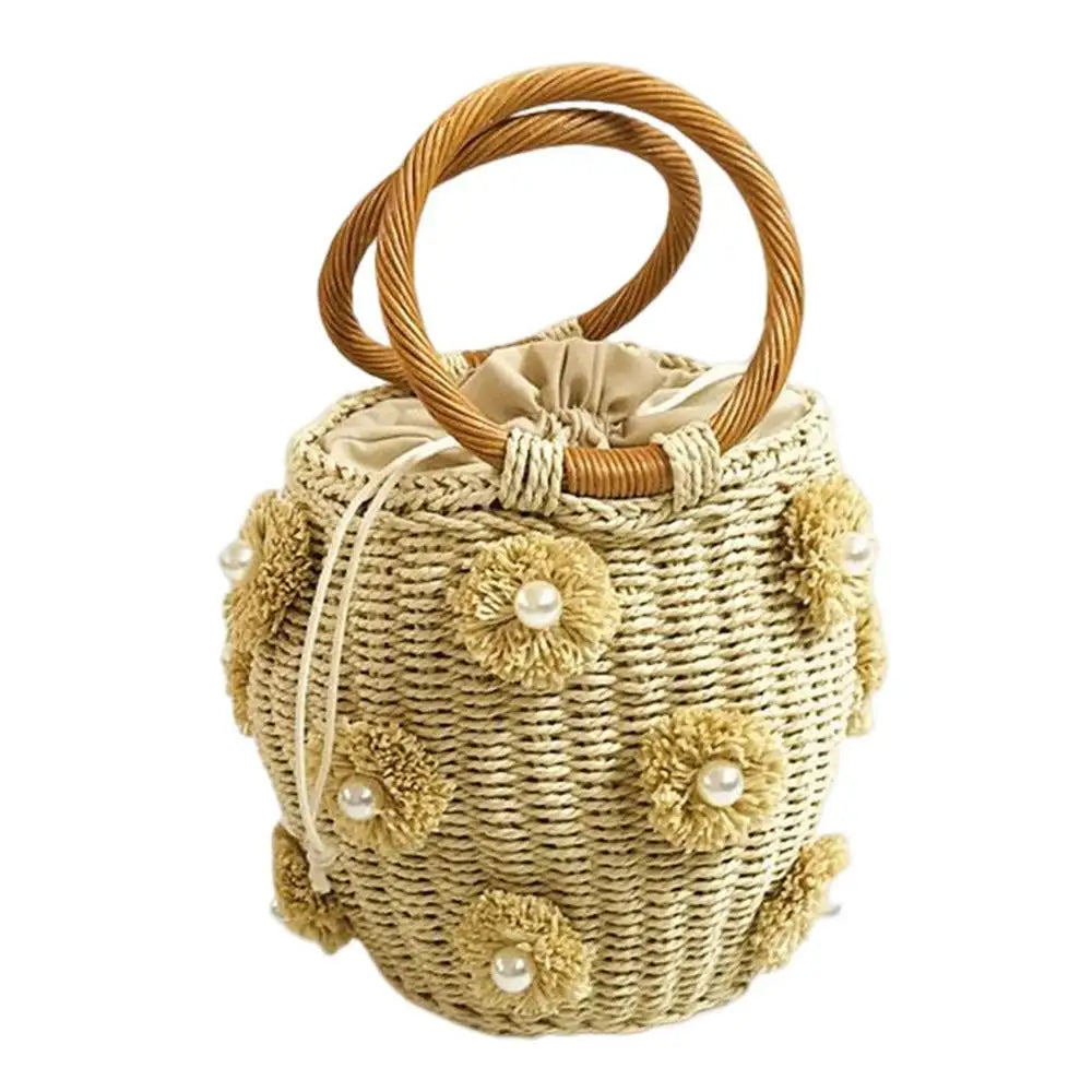 Flower Rattan Bag Woven Tote Bag With Flower Pearl Straw Beach Bag In Bucket Shape For Parties Shopping Travel Camping Hiking