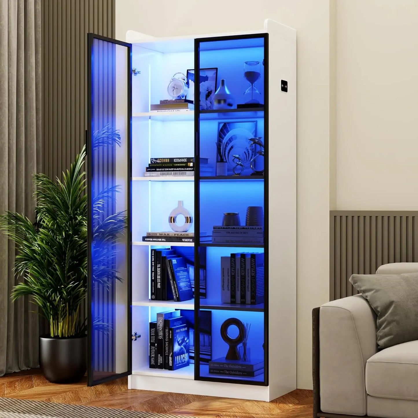Storage Cabinet with Doors Adjustable Shelves - 65" White Tall Kitchen Pantry Organizer with Metal Handle/LED Lights/Human Senso