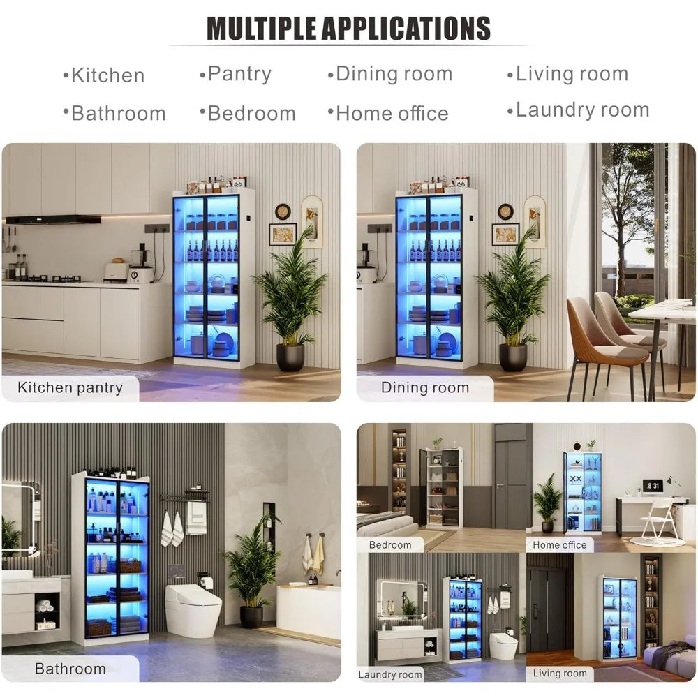 Storage Cabinet with Doors Adjustable Shelves - 65" White Tall Kitchen Pantry Organizer with Metal Handle/LED Lights/Human Senso