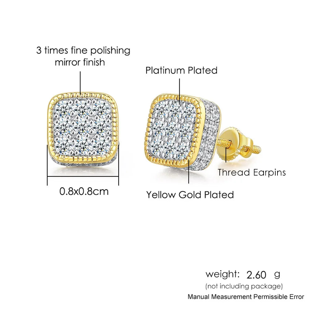 Hip Hop Ice Studded Earrings For Men Male Trend Cubic Zirconia Piercing Hiphop Gold Color Square Earring Jewelry Accessories