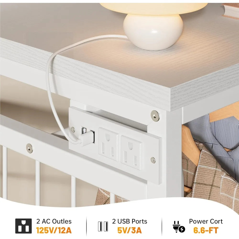 49.2" W White Dresser for Bedroom with Hanging Rack,6 Drawer Dresser with LED Lights & Charging Station, Fabric Dressers