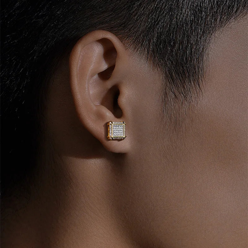 Hip Hop Ice Studded Earrings For Men Male Trend Cubic Zirconia Piercing Hiphop Gold Color Square Earring Jewelry Accessories
