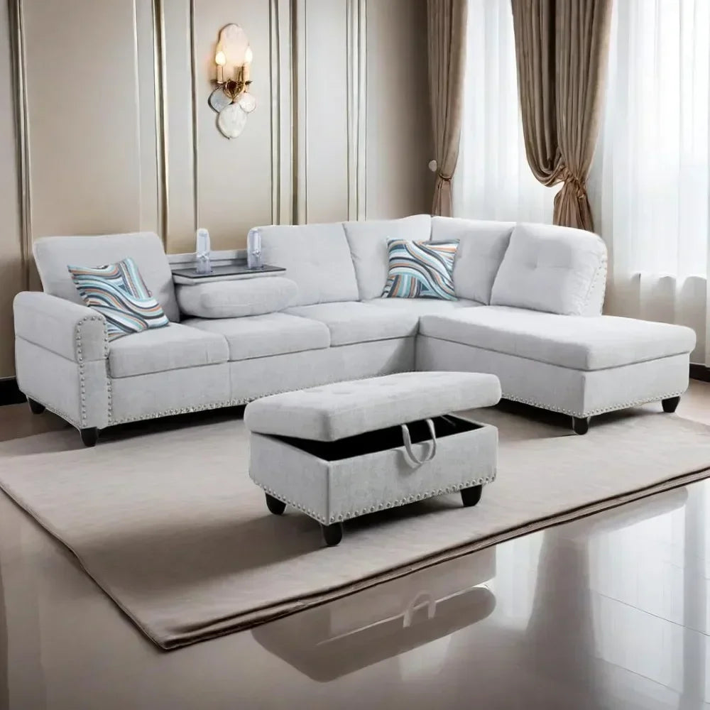 L Shaped Sectional Couch with Storage Ottoman, Modern Nailhead Lounge Sofa with Reversible Cup Holder & Chaise, 97"4 Seat Sofá