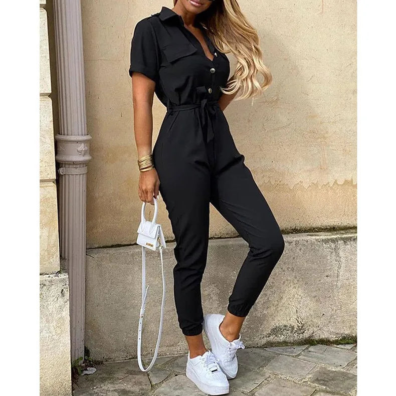 Women's Monochromatic Belt Workwear Jumpsuit, Casual Pants, Flip Collar, Buckle, European and American, Summer, 2024