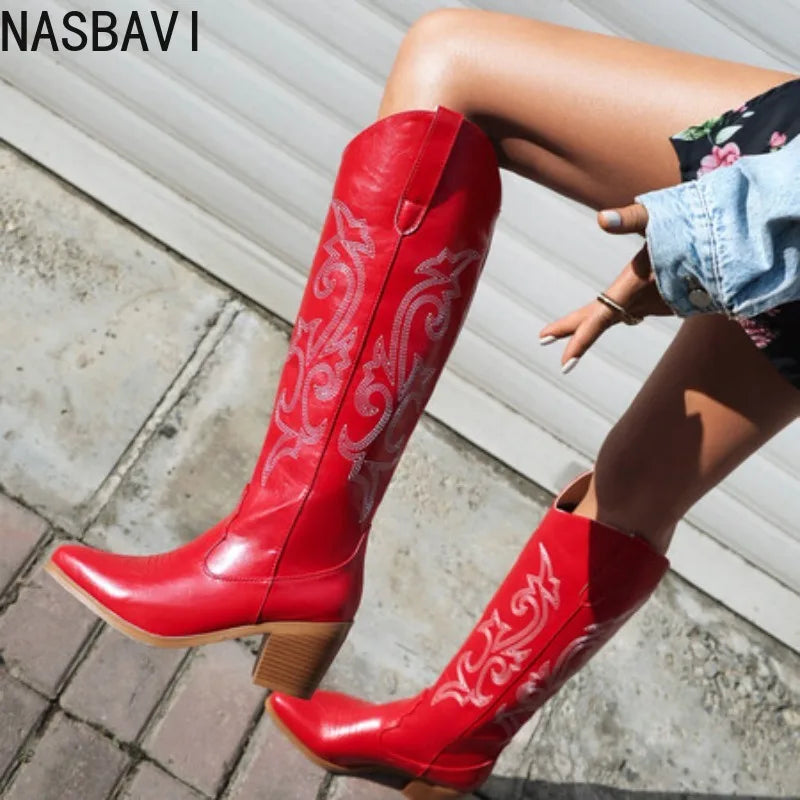 Western Women's Winter Knee High Boots Fashion Embroidery Cowboy Cowgrils Boot Wedges Heel Red Party Shoes Ladies Large Size 40