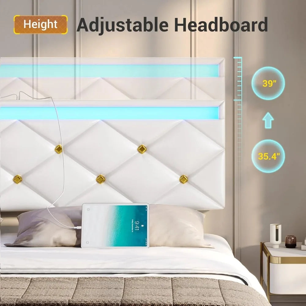Floating Bed Frame King Size with LED Lights and Charging Station, Modern King Platform Bed with Vegan Leather Upholstered
