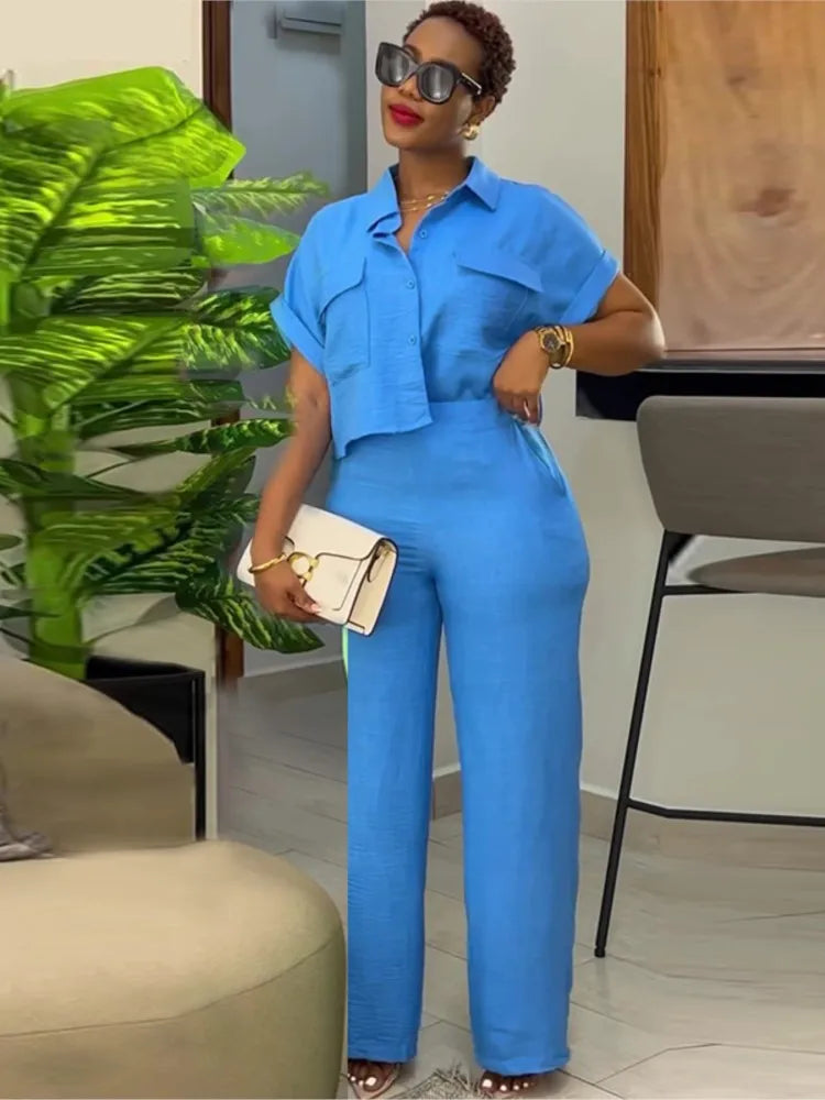 Women's Two-piece Set Spring Summer New Style Lapel Short-sleeved Shirt High Waist Wide Leg Trousers Casual Suit Women Clothing