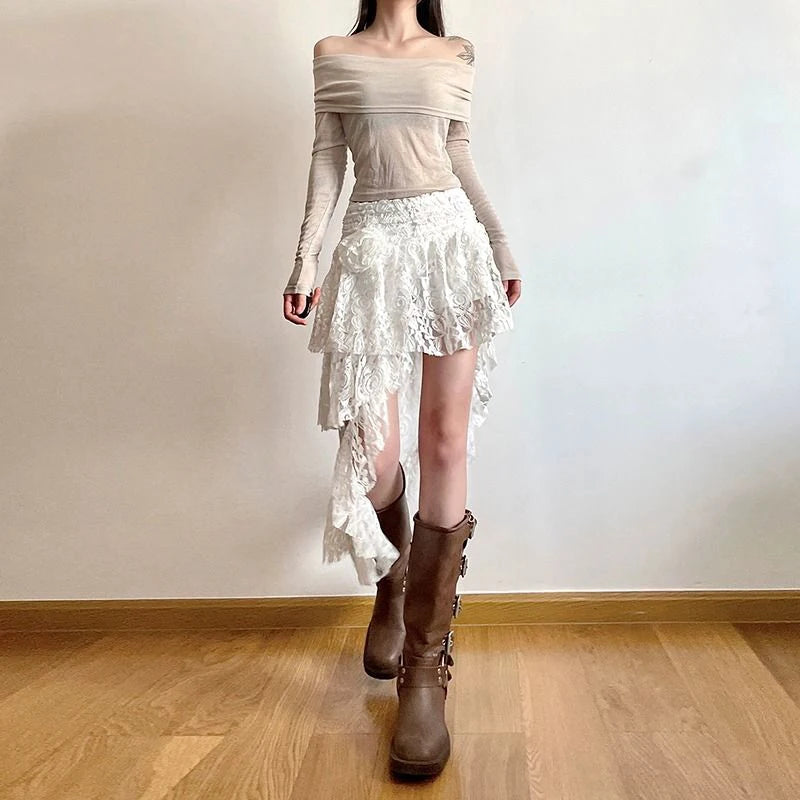 Asymmetrical Lace Skirt Women Sexy Bohemian Elegant High Waist A Line Skirt 2000S Retro Streetwear Y2K Casual White Skirts New