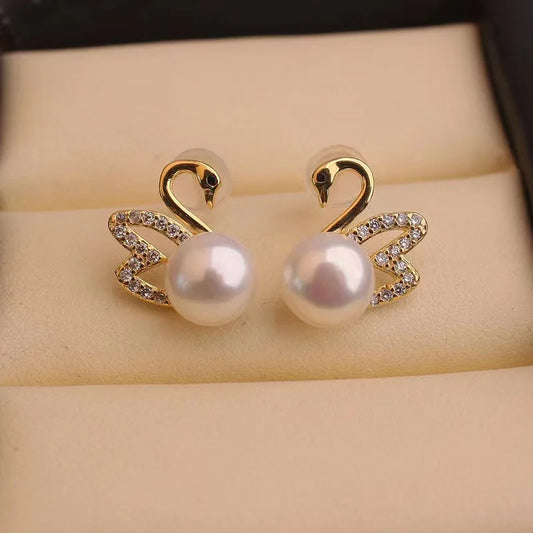 925 Silver Needle Hollow Crystal Swan Earrings For Women Korean Jewelry 2024 Trending New Luxury Animal Pearl Stud Earrings Gift