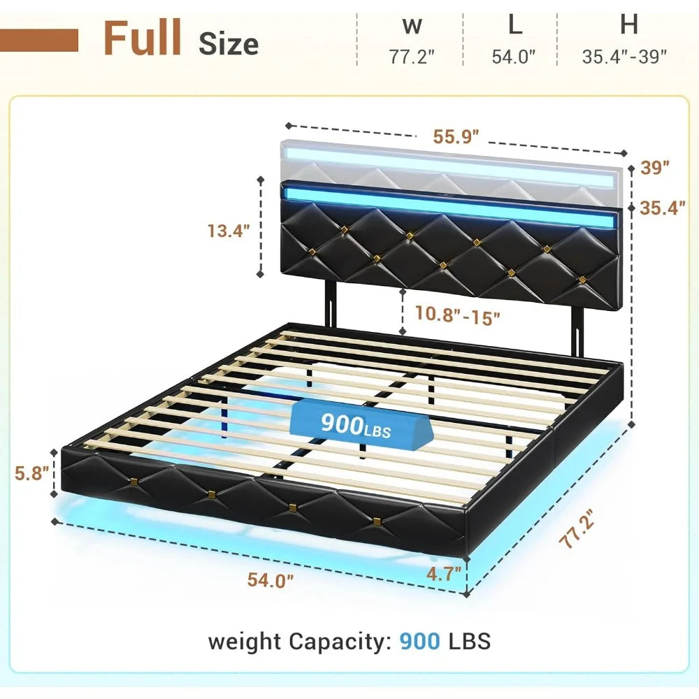 Floating Bed Frame King Size with LED Lights and Charging Station, Modern King Platform Bed with Vegan Leather Upholstered