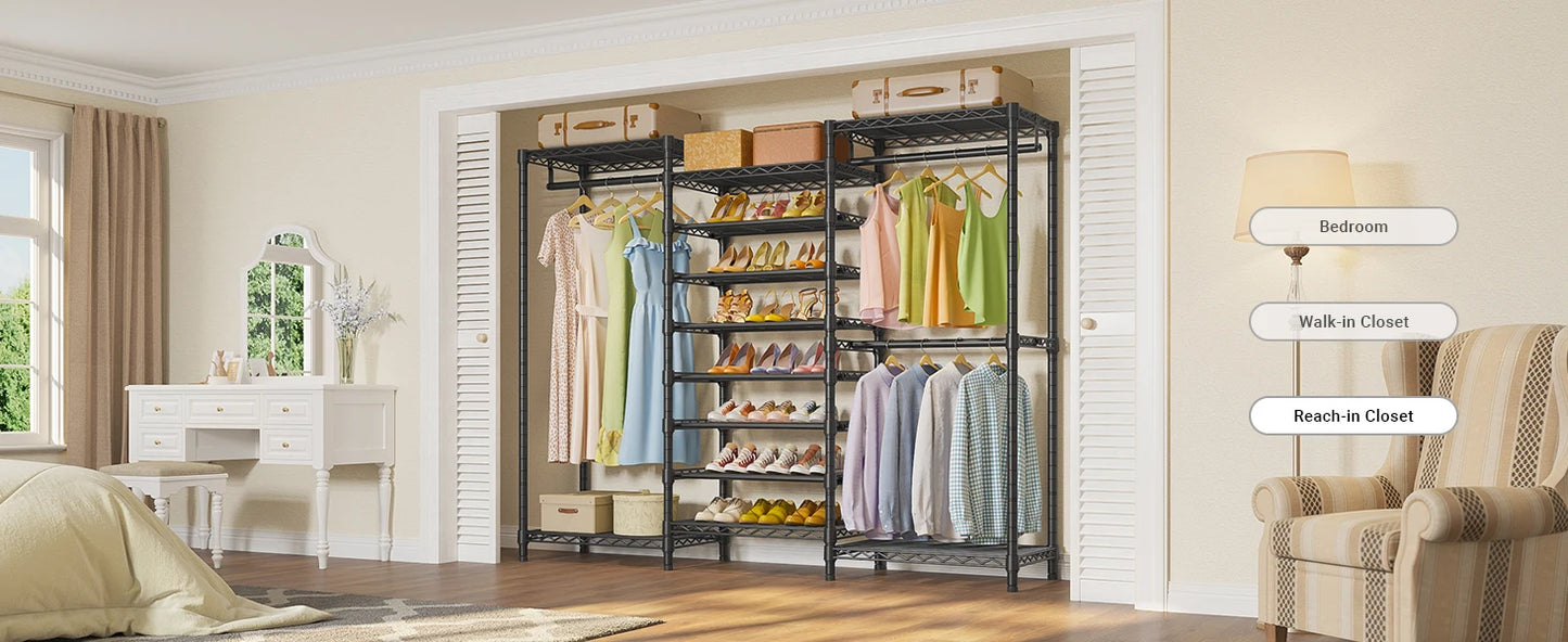 Heavy Duty Garment Rack Freestanding Clothes Rack Closet Storage Organizer Large Wardrobe with 6-Tier Shoe Rack, Hanging Rod, Ad