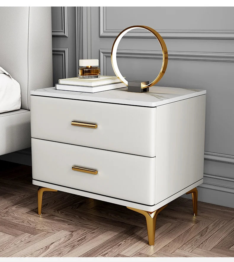 Modern Style Solid Wood Bedside Table with 2 Drawers Leather Bedroom Nightstands with Sintered Stone Top Mini Storage Cabinet