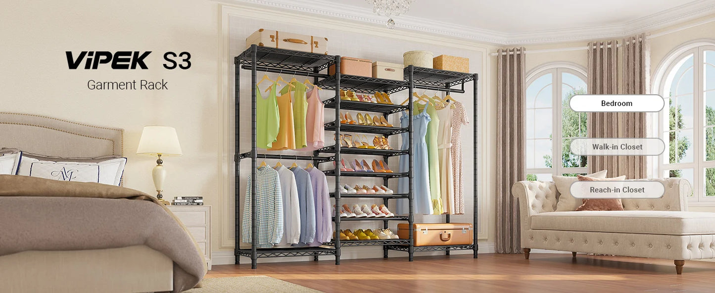 Heavy Duty Garment Rack Freestanding Clothes Rack Closet Storage Organizer Large Wardrobe with 6-Tier Shoe Rack, Hanging Rod, Ad