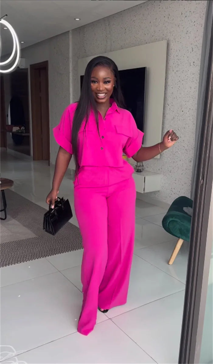 Women's Two-piece Set Spring Summer New Style Lapel Short-sleeved Shirt High Waist Wide Leg Trousers Casual Suit Women Clothing