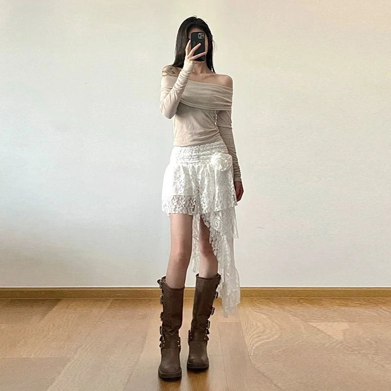 Asymmetrical Lace Skirt Women Sexy Bohemian Elegant High Waist A Line Skirt 2000S Retro Streetwear Y2K Casual White Skirts New
