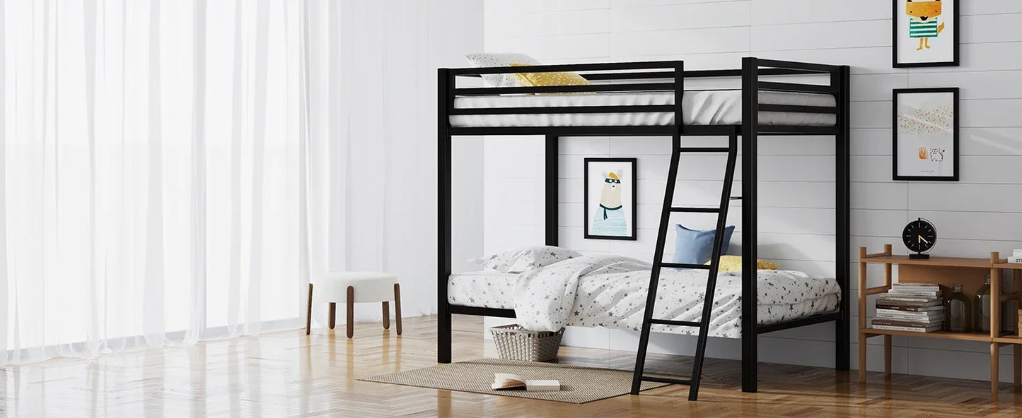 Junior Loft Bed Twin Size, Heavy Duty Twin Bed Frame with Full-Length Guardrail & Removable Stairs, Noise-Free, Space-Saving,