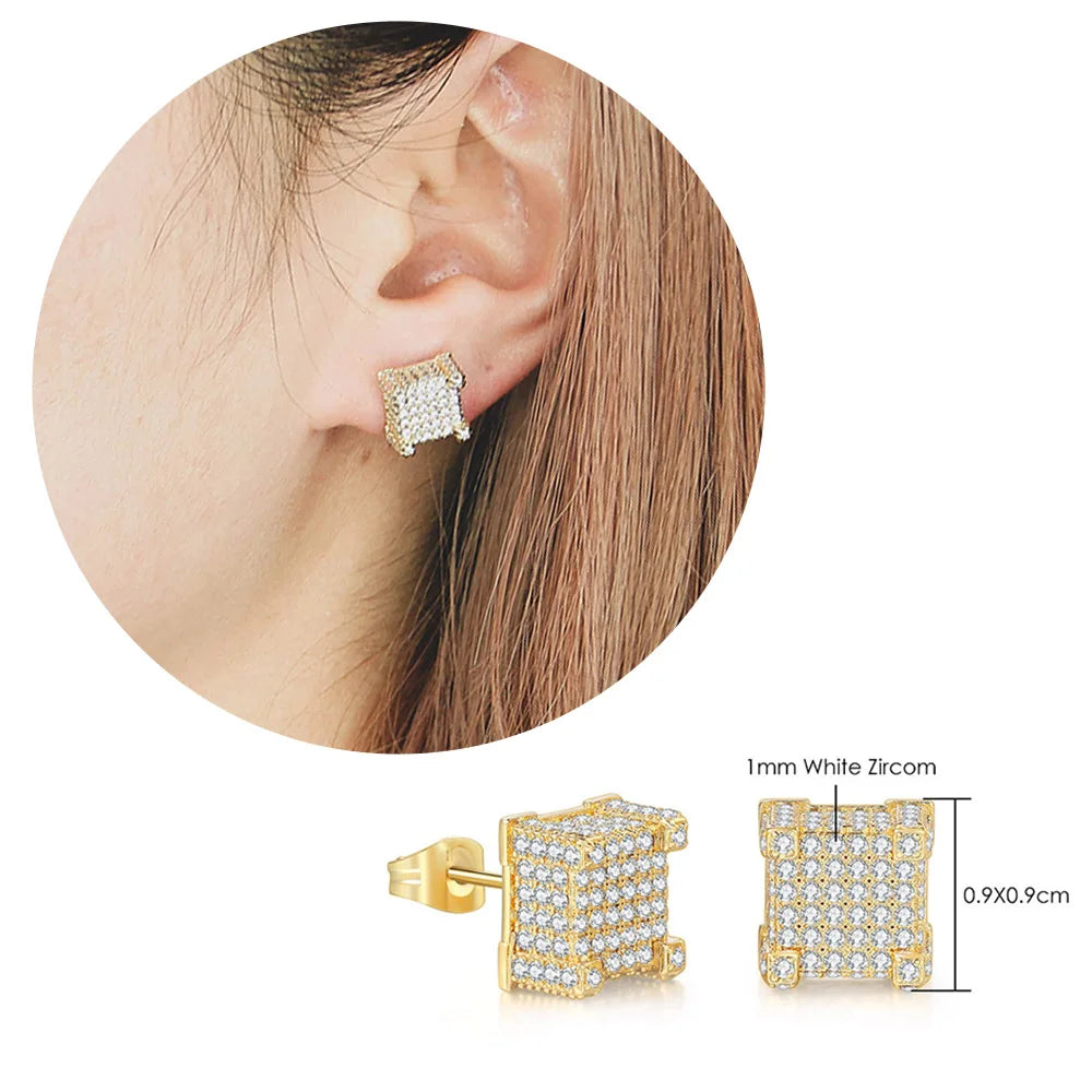 Hip Hop Ice Studded Earrings For Men Male Trend Cubic Zirconia Piercing Hiphop Gold Color Square Earring Jewelry Accessories