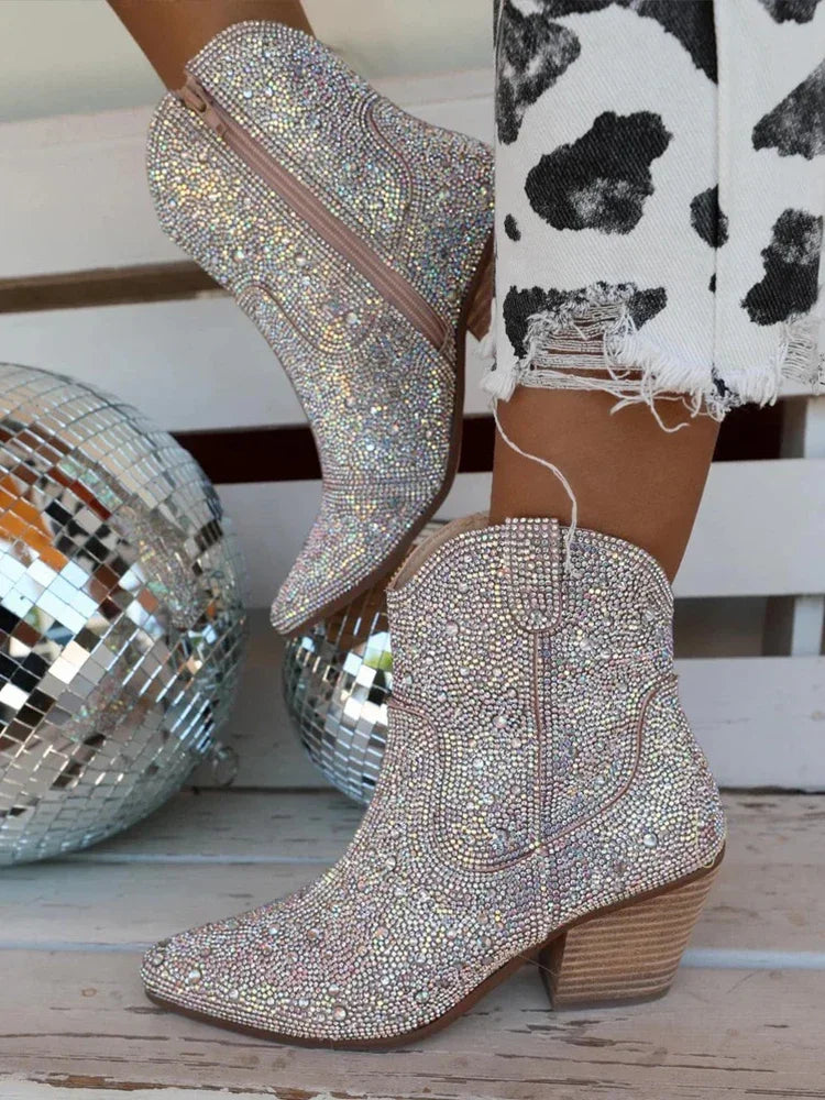 Western Cowboy Boots Fashion Women Ankle Boots Glitter Bling Shiny Trend High Heels High Quality Shoes Botas De Mujer 2024