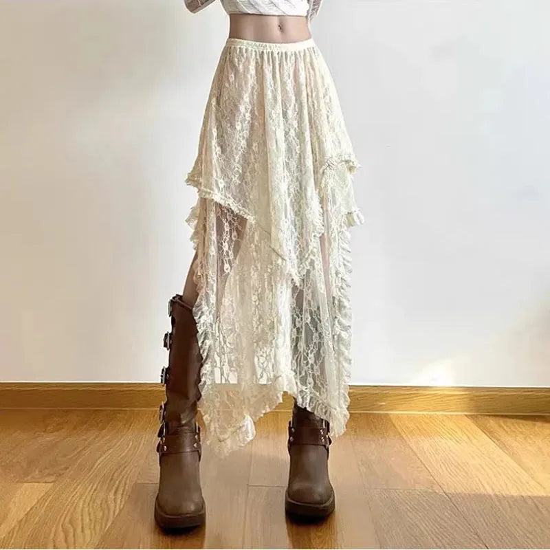 Lace Asymmetrical Skirt Women Vintage Y2K Boho Aesthetic Fashion High Waist Mid Skirts Summer Ladies Holiday Outfits