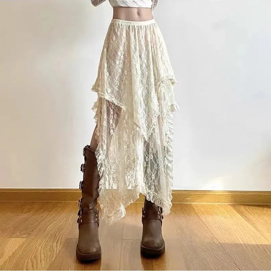 Lace Asymmetrical Skirt Women Vintage Y2K Boho Aesthetic Fashion High Waist Mid Skirts Summer Ladies Holiday Outfits