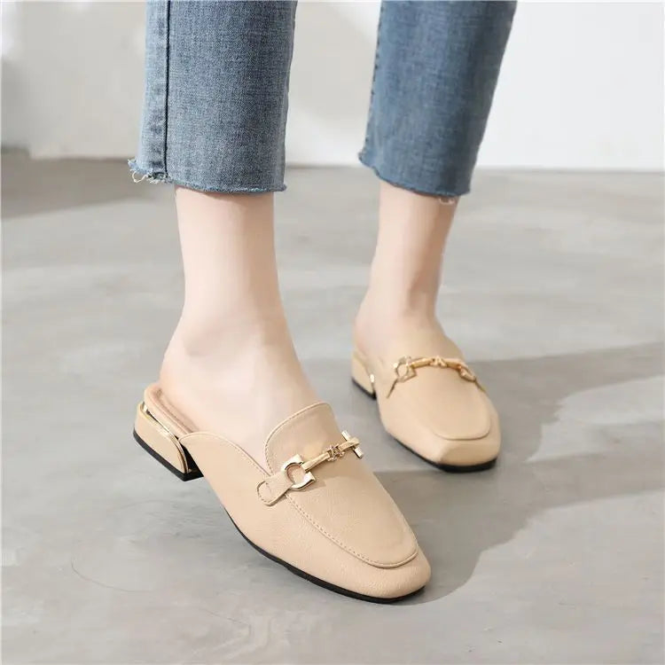 Black Job Low Heel Outside Leather Mules Nude Color Women's Slippers and Ladies Sandals Slides Shoes Small Size on Offer Trend F