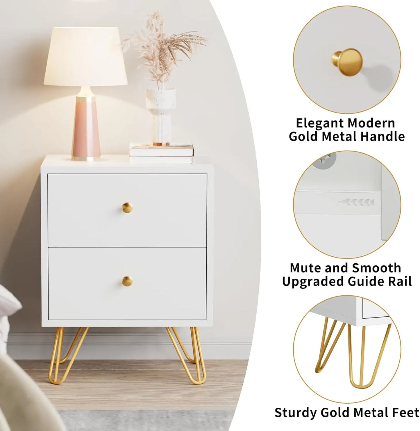 Nightstand Set of 2, End Side Table Double, Bedside Table with 2 Drawers,  Stand Metal Legs and Knobs for Bedroom Living.