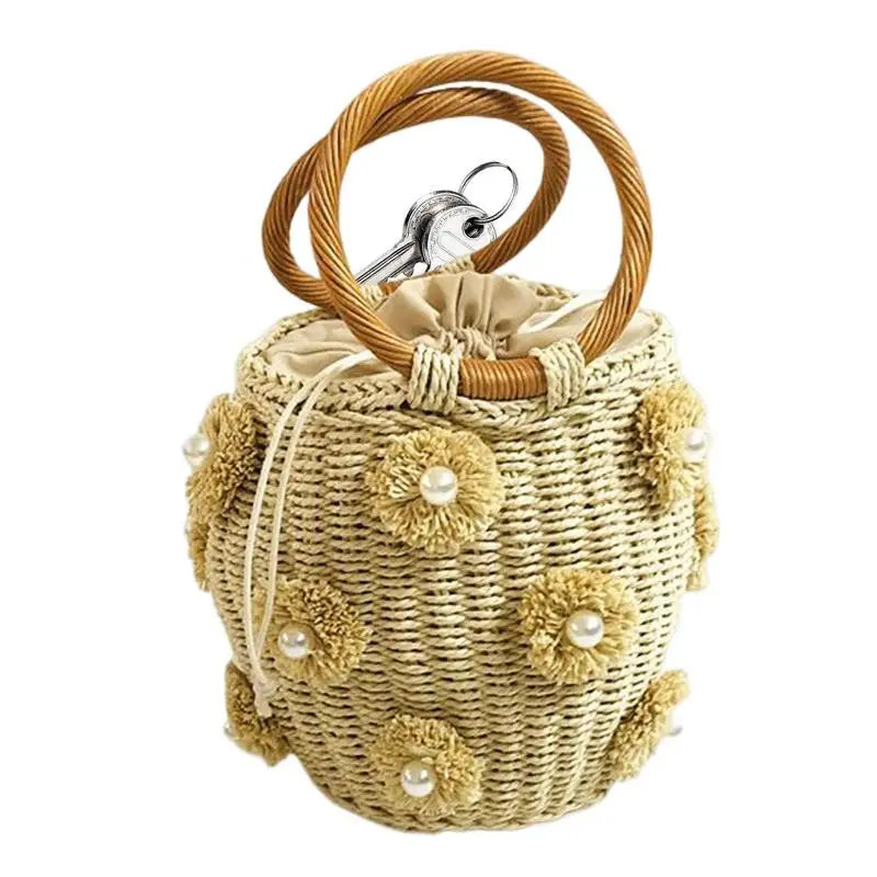 Flower Rattan Bag Woven Tote Bag With Flower Pearl Straw Beach Bag In Bucket Shape For Parties Shopping Travel Camping Hiking