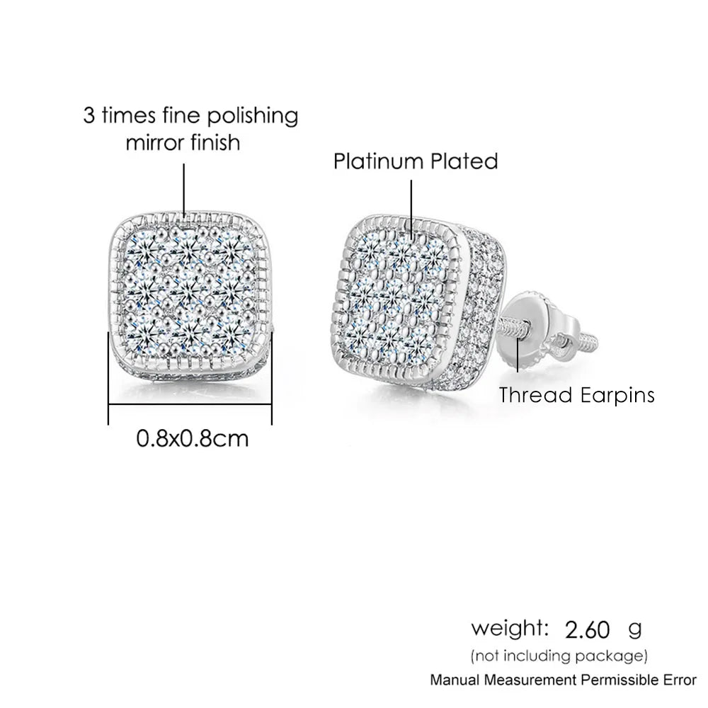 Hip Hop Ice Studded Earrings For Men Male Trend Cubic Zirconia Piercing Hiphop Gold Color Square Earring Jewelry Accessories