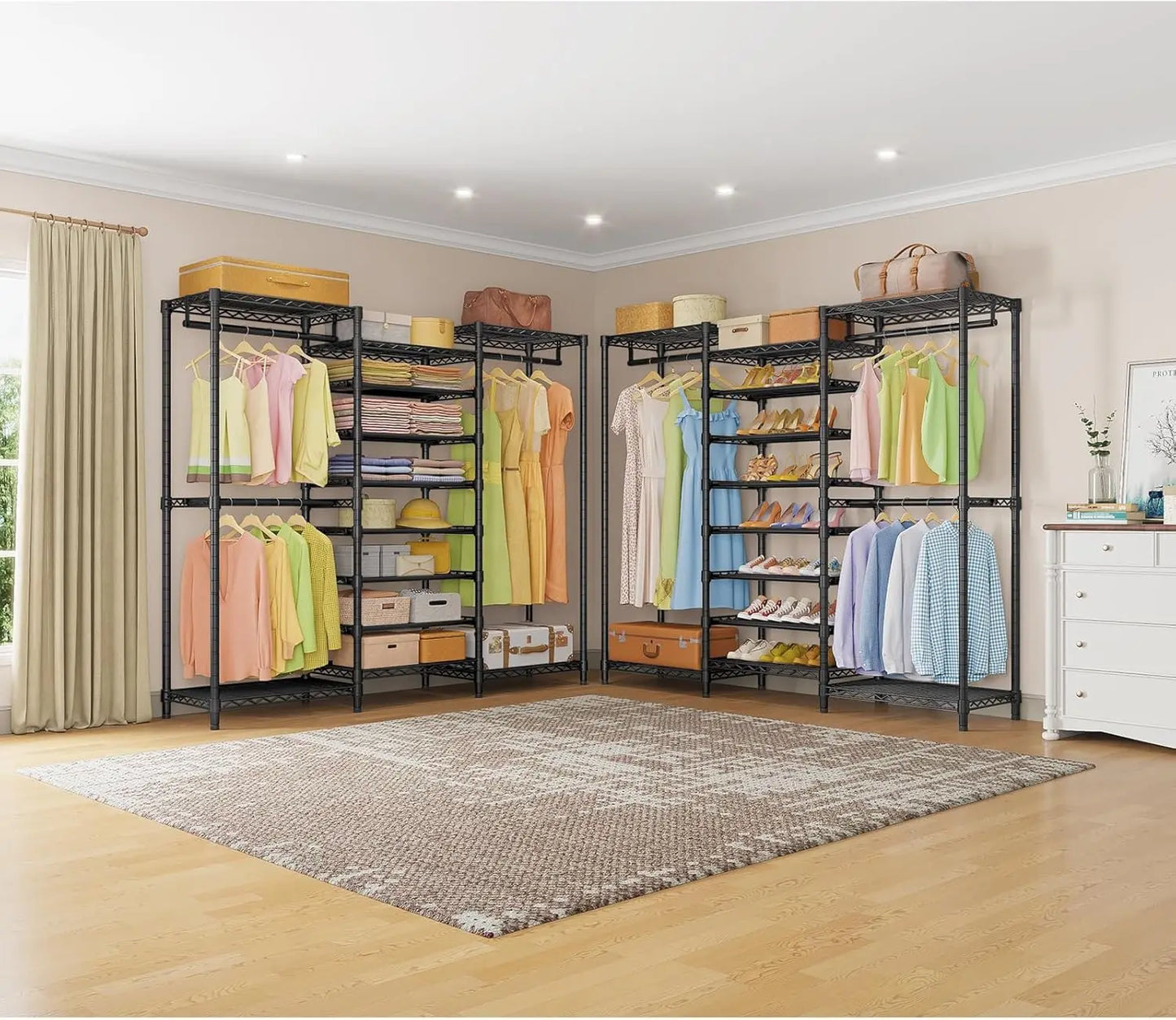 Heavy Duty Garment Rack Freestanding Clothes Rack Closet Storage Organizer Large Wardrobe with 6-Tier Shoe Rack, Hanging Rod, Ad