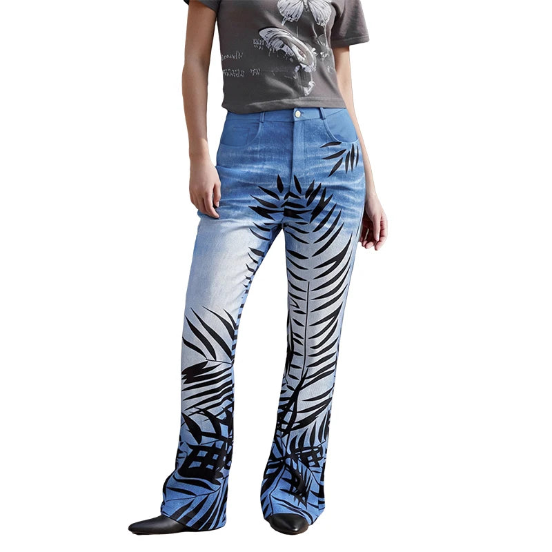 Puloru Stylish Floral Print Blue Flared Pants with Pockets Women's Mid-Rise Casual Slim Fit Bell-Bottoms Long Trousers Plus Size