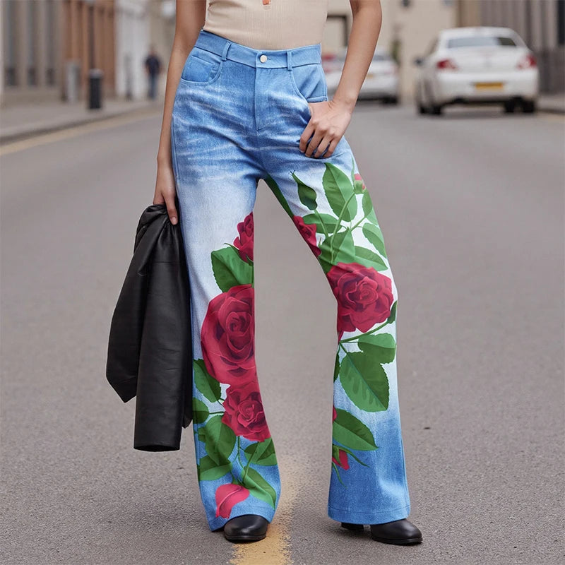 Puloru Stylish Floral Print Blue Flared Pants with Pockets Women's Mid-Rise Casual Slim Fit Bell-Bottoms Long Trousers Plus Size