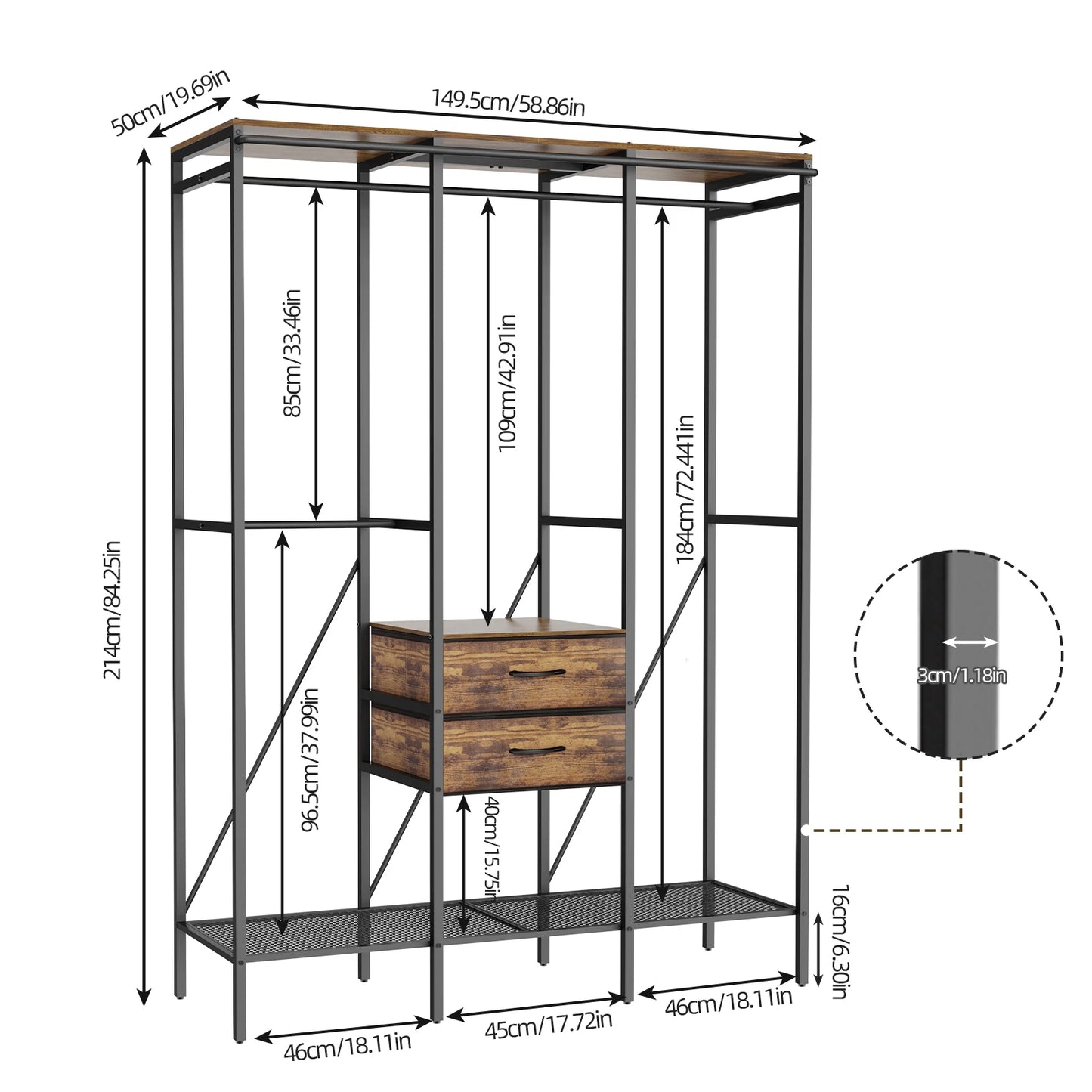 XXL Large Industrial Coat Rack Stand Open Wardrobe Clothes Rail with 2 Drawer and Shelves Bedroom Storage Hanging Bar