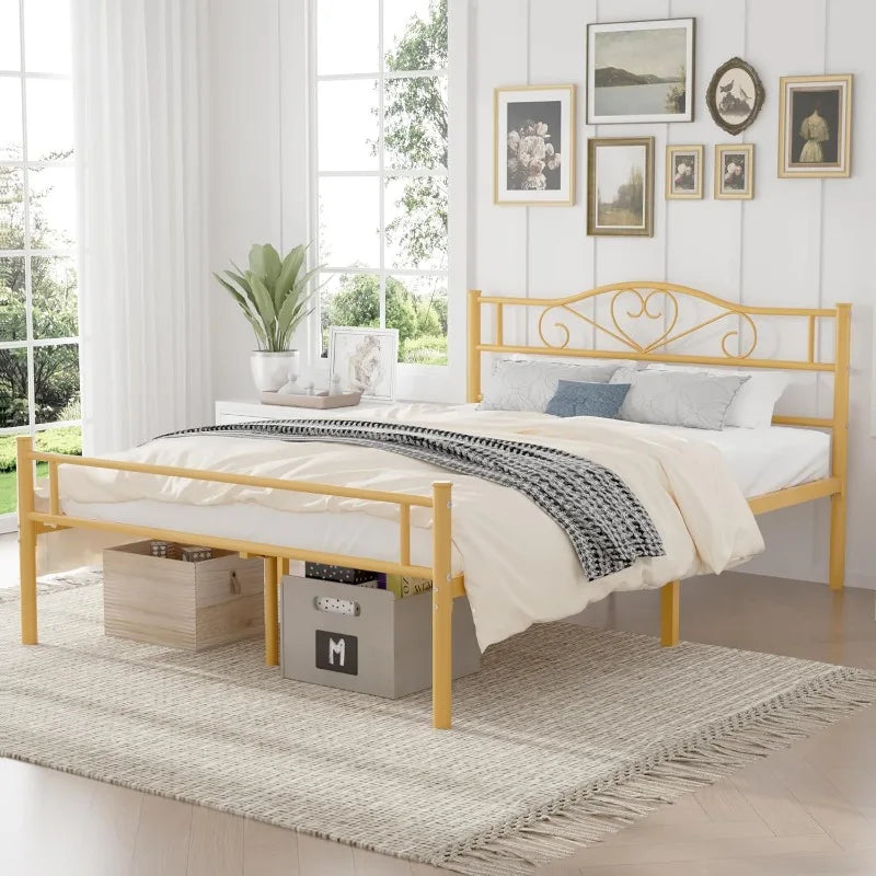 Metal Platform Bed Frame with Headboard & Footboard, Steel Slats Mattress Foundation, No Box Spring Needed, Queen, Gold