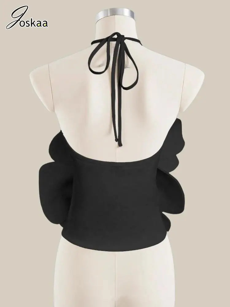 Joskaa 2025 Summer Women's 3D Flower Chic Tops Sexy Halter Lace-Up Backless Crop Camisole Vacation Party Club Beachwear S-XXL