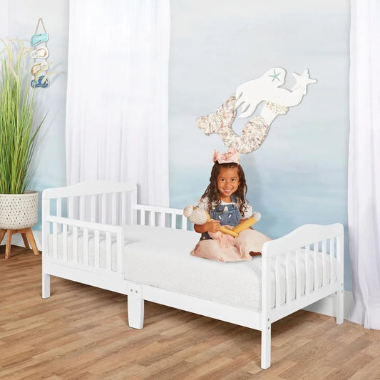 Classic Design Toddler Bed In White,  Low To Floor Design, Two Side rails, Non-Toxic Finishes, Wooden Nursery Furniture