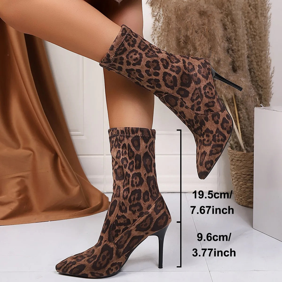 Popular European and American style sexy leopard print pointed head high heel short boots suede comfortable versatile thin boots