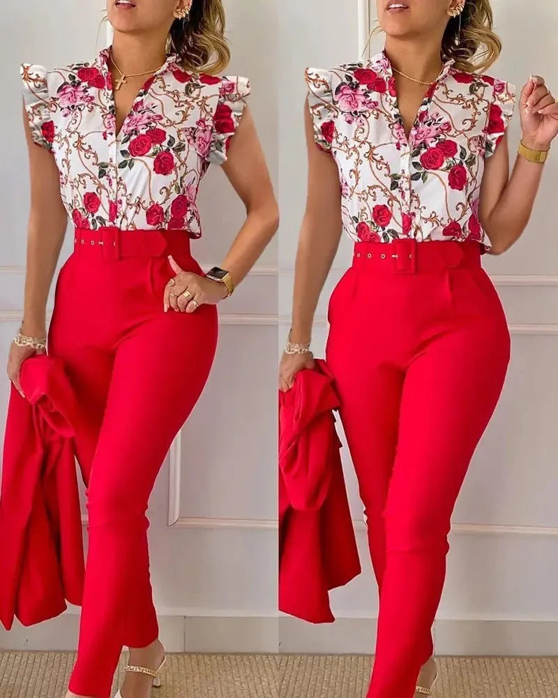 Women Shirt Trousers Set Elegant Women's Office Wear Set with V Neck Top High Waist Pants Belt Chic Color Matching Slim for Work