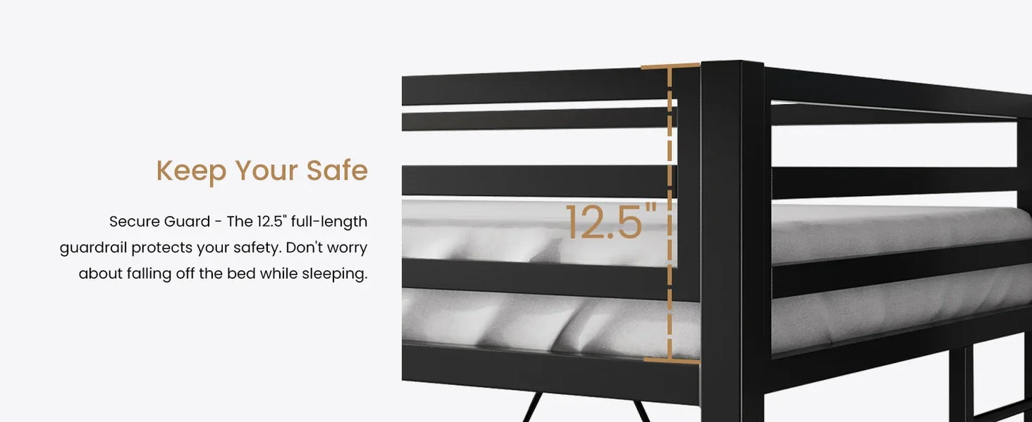 Junior Loft Bed Twin Size, Heavy Duty Twin Bed Frame with Full-Length Guardrail & Removable Stairs, Noise-Free, Space-Saving,