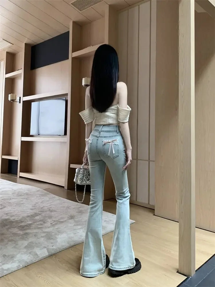 Spring Autumn Spicy Girl Bow Micro Flared Jeans Women's Petite High Waisted Slimming Elastic Horse Leggings Straight Leg Trouser